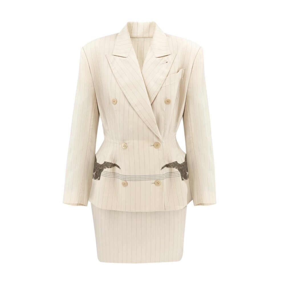 Jean Paul Gaultier SS88 Pinstripe Tailored Skirt Suit with Lace Eagle Appliqué